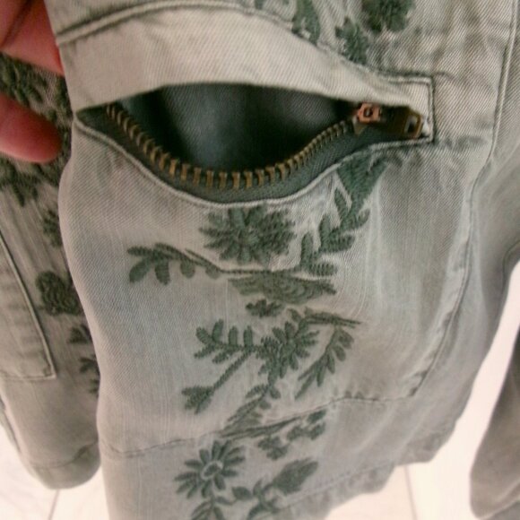 Olive Army Green Boho Embroidered Lightweight Jacket Zip Front Pockets M Love 8 - Picture 7 of 11